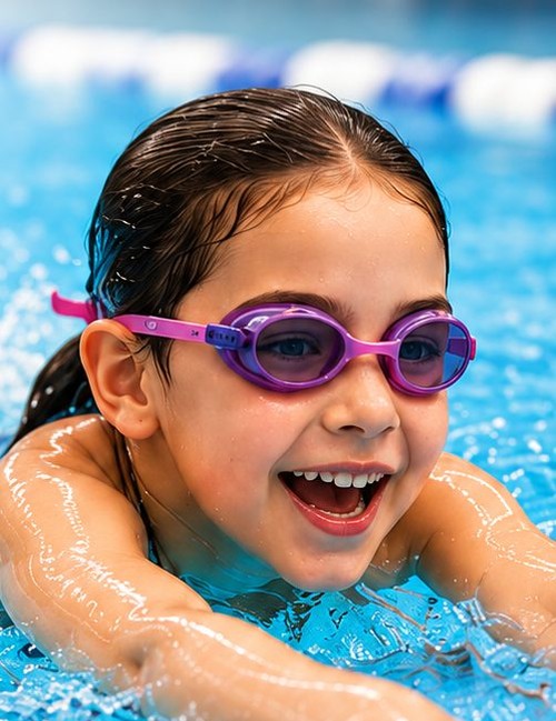 A child in goggles swimming during a lesson