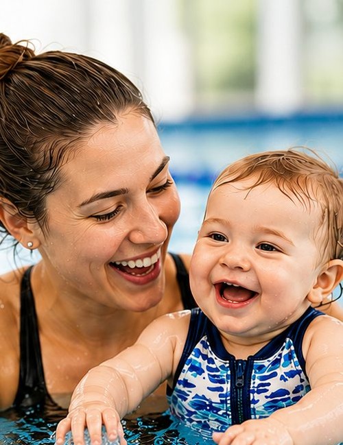 A parent and baby in the water together during a parent and child swim lesson