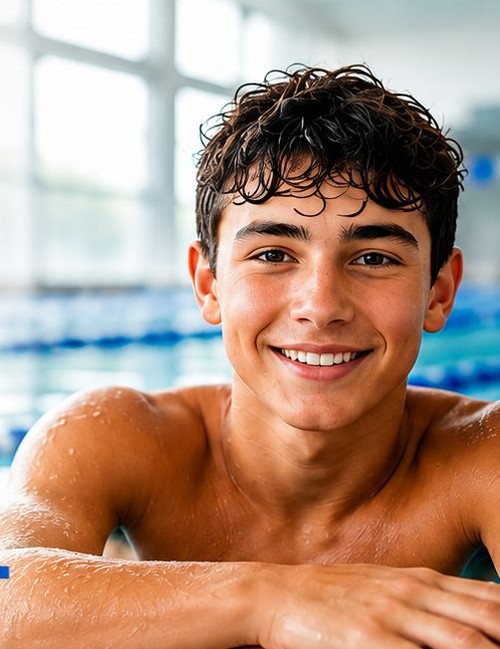 A teenager at the wall of the indoor pool